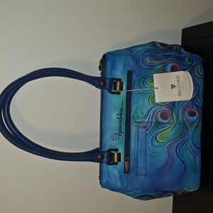 Anuschka Women's Vibrant Blue Peacock Shoulder Bag  Handpainted New